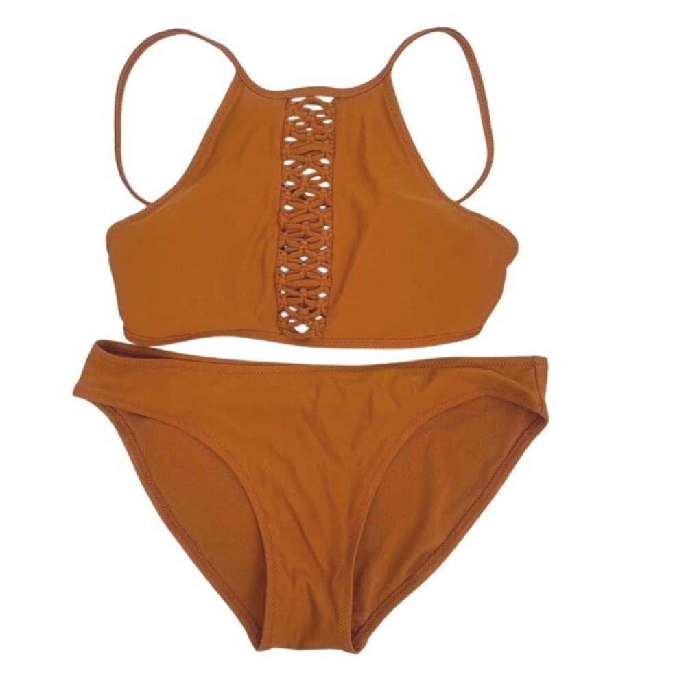Aerie Bikini Set Women S/XS Burnt Orange Macrame High Neck High Waist Swimwear